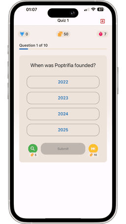 Poptrifia mobile app - play quiz screen